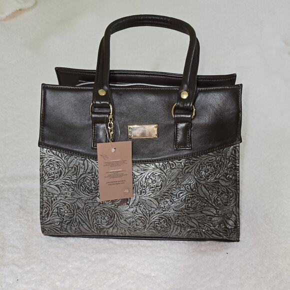 Hand-Tooled Mexican Brown Leather Handbag with Silver Embossed Floral Design - Picture 1 of 5